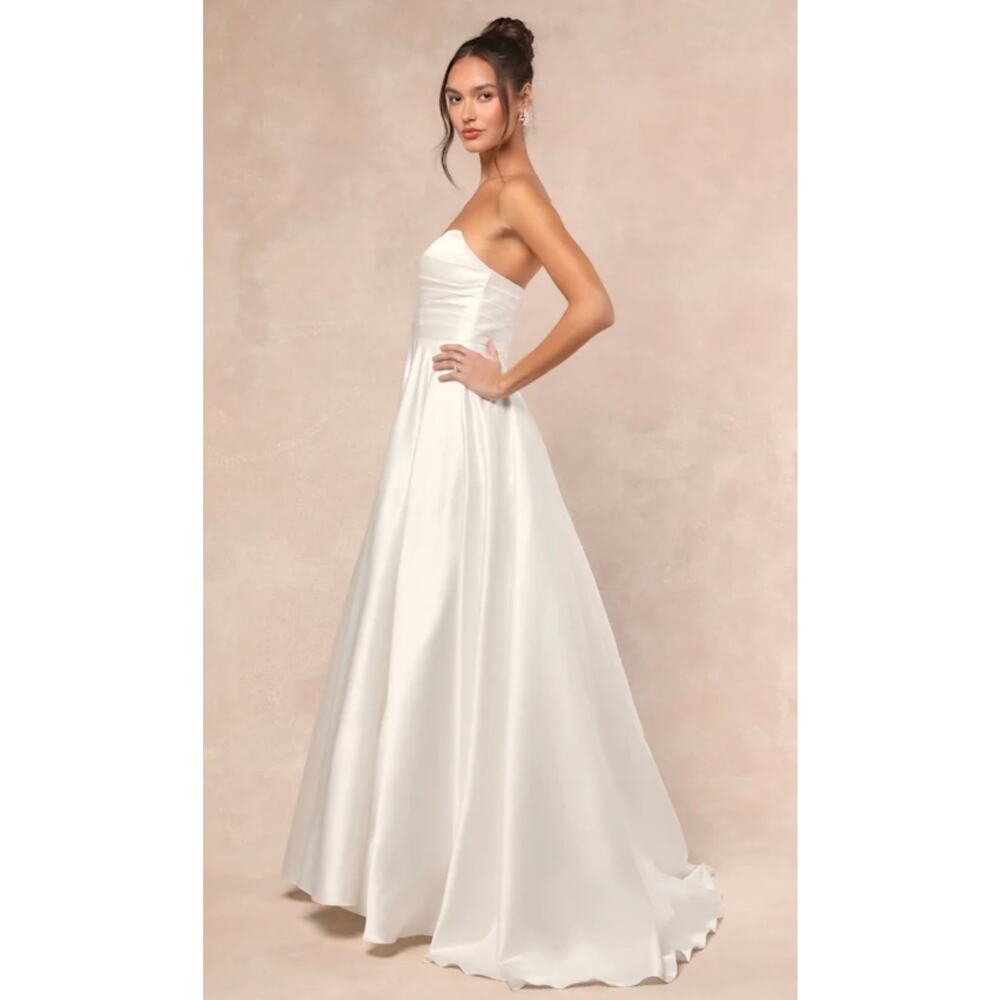 NWT! Lulus Khalida White Satin Pleated Strapless Gown S - Picture 5 of 8